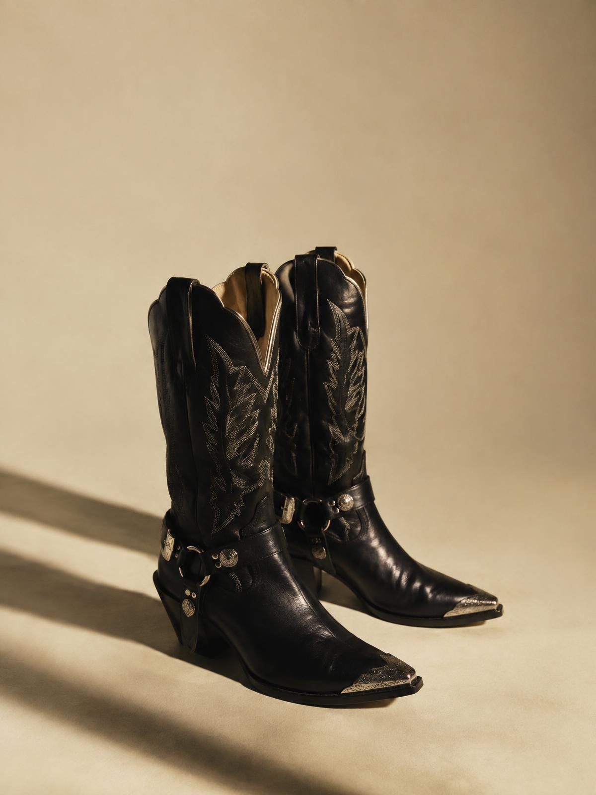 Botas vaqueras de cuero negro de Ffehú sobre fondo crema